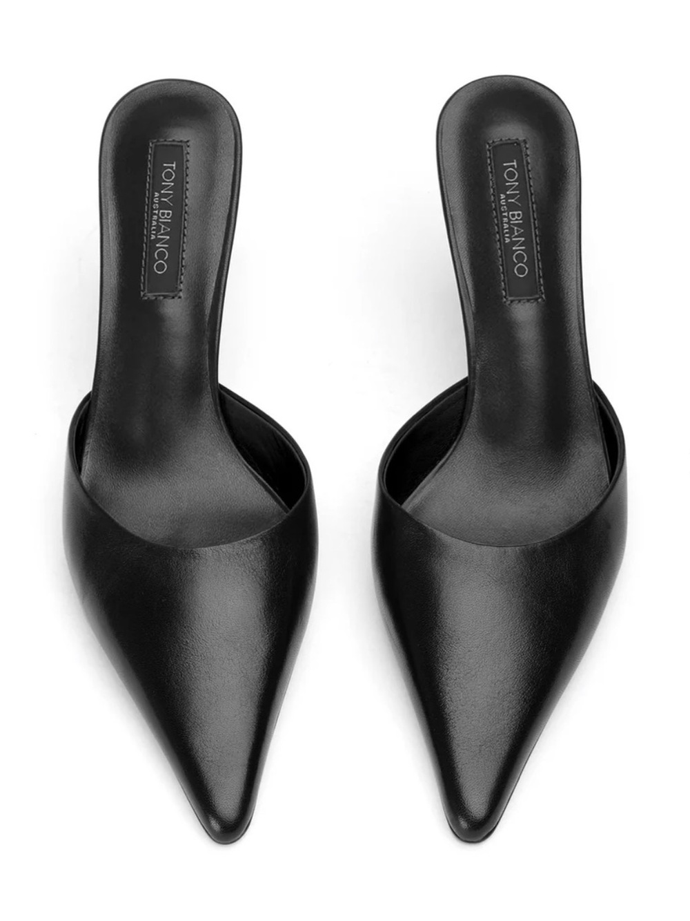 Tony Bianco “Sicily Black Vintage” Pointed Leather Slide Mules